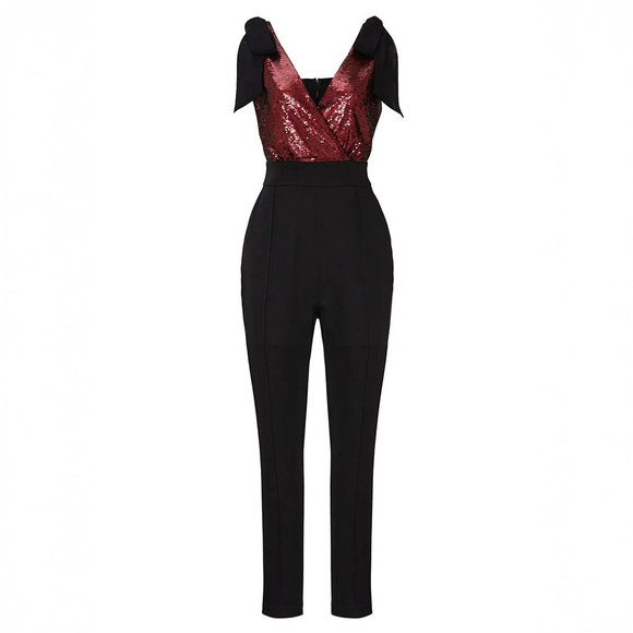 Harlyn Sequin Top Jumpsuit with Bows Women's Black and Red $182 - Size XS - Picture 2 of 14